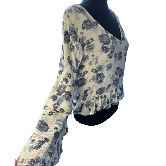 American Eagle Cream and Blue Floral Print Ruffle Sleeve V-Neck Top Size S - Picture 2 of 7